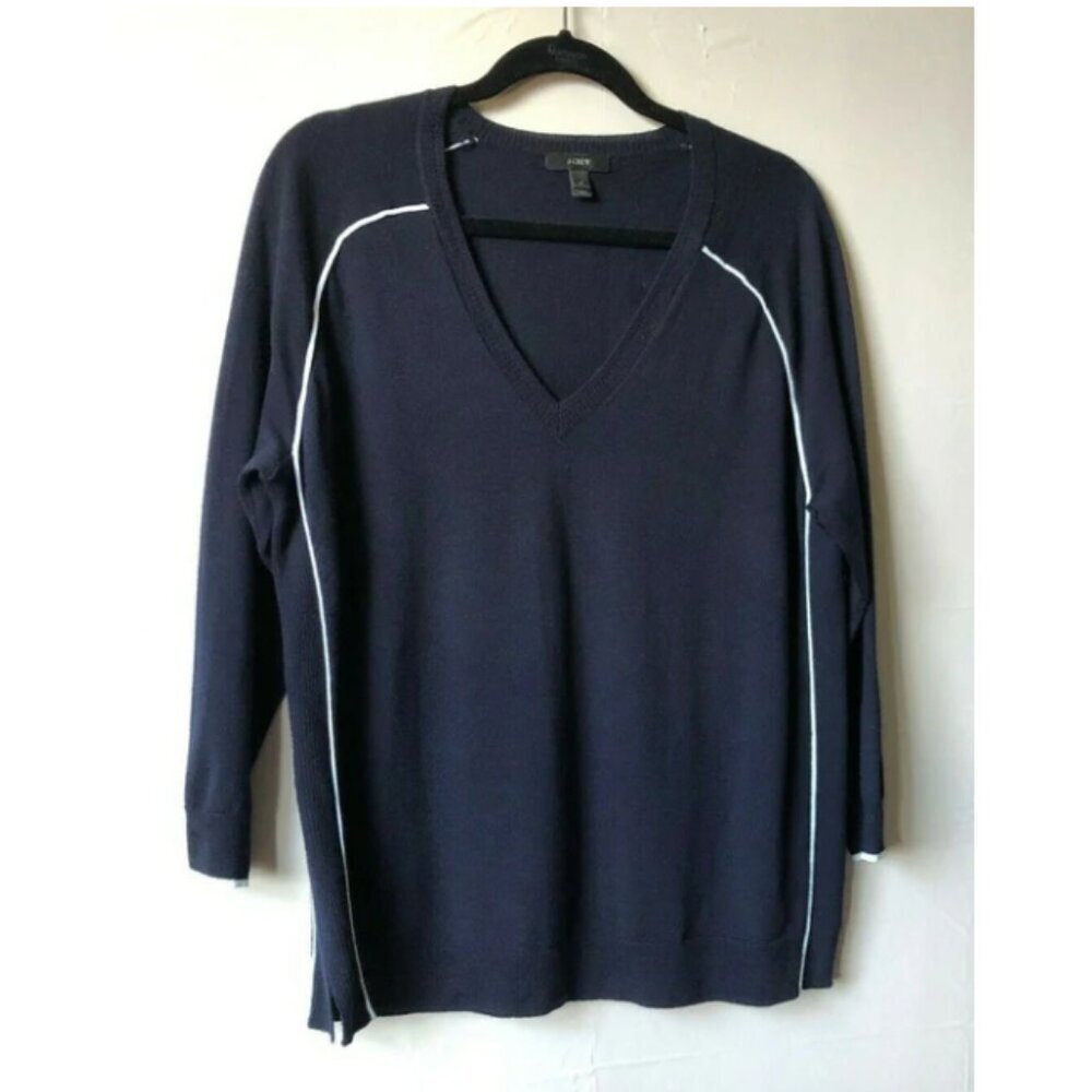 J Crew Merino Wool Sweater Womens Large Blue V Neck Lightweight Relaxed Fit